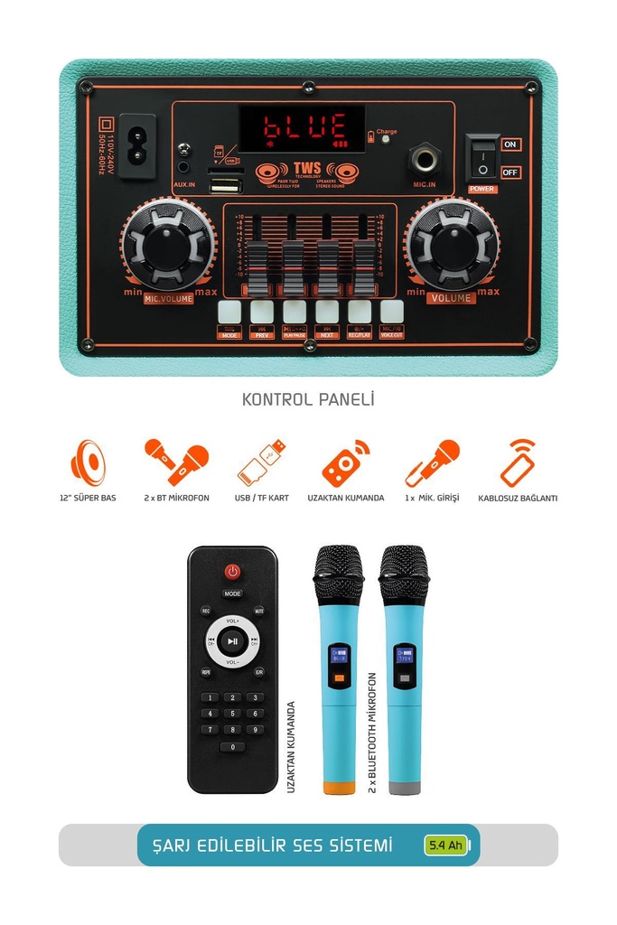 Powerway Şarjlı Çift Mikrofonlu Ses Sistemi Karaoke Sistemi Taşınabilir Amfi MTX7 Bluetooth Hoparlör - Görsel 2
