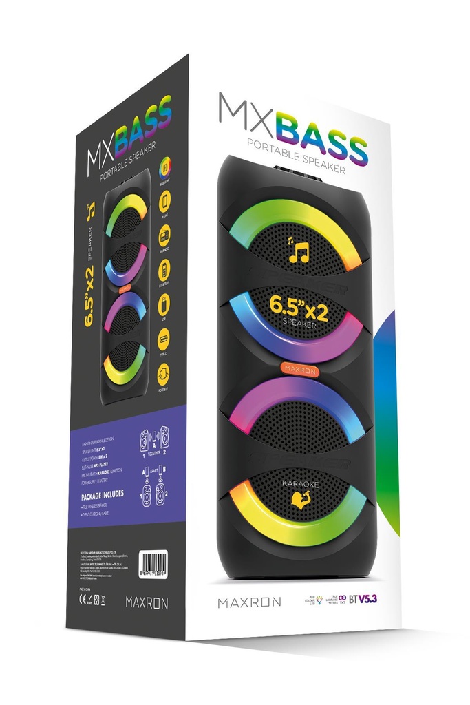Maxron MXBass 16W Bluetooth Hoparlör LED Işıklı Ses Sistemi Parti Speaker Karaoke Özellikli - Görsel 6