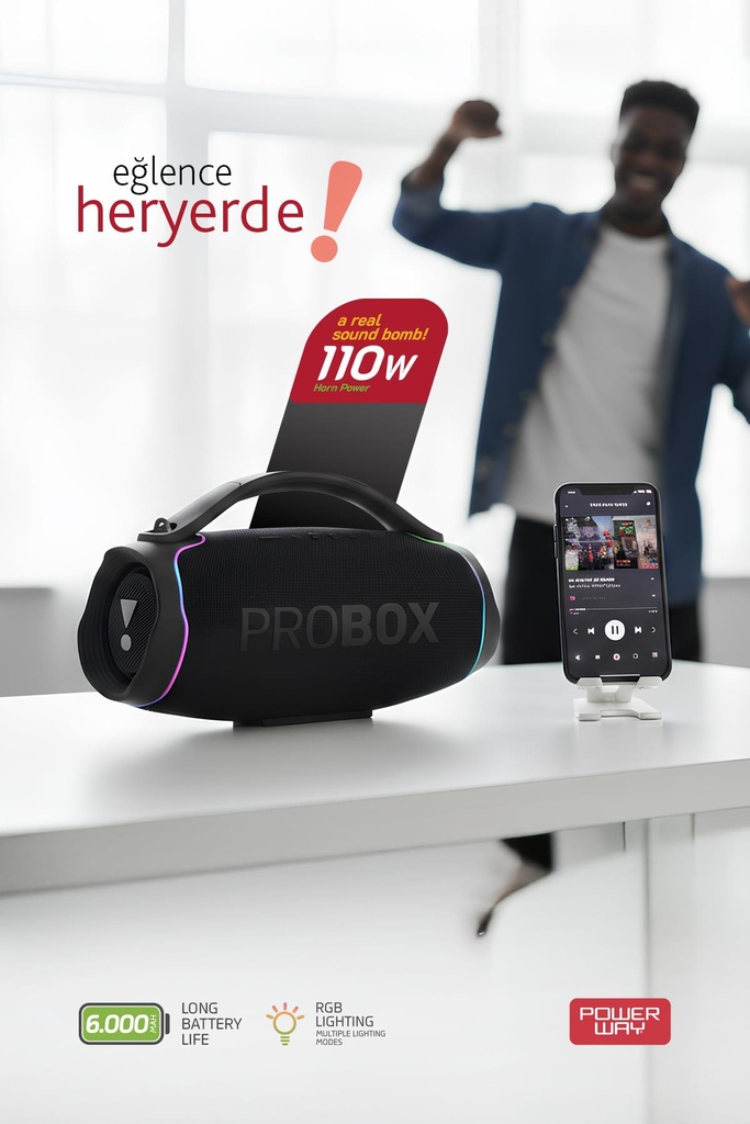 Probox 110W Güç Usb Hafıza Kartı Aux Fm Led Işıklı Bluetooth Hoparlör Hi-Fi Ses Bombası - Görsel 3