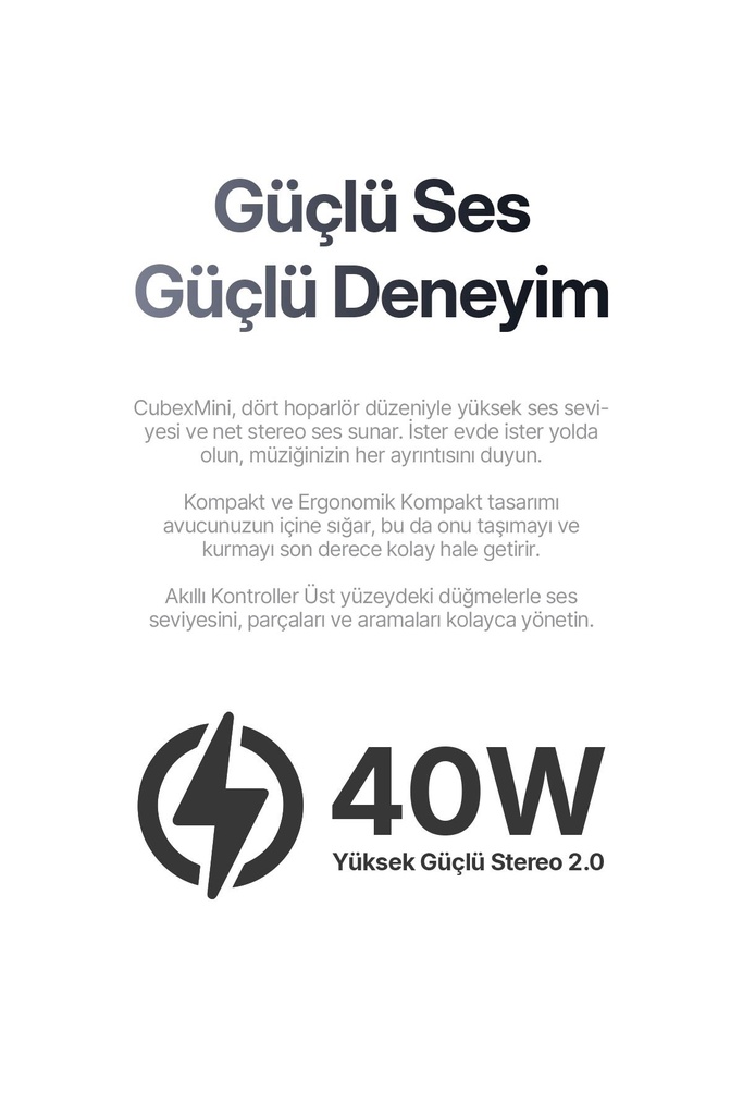 Powerway CubexMini Bluetooth Hoparlör 40W Güçlü Ses, IPX2 Suya Dayanıklı, 20 Saat Çalma Süresi - Görsel 3