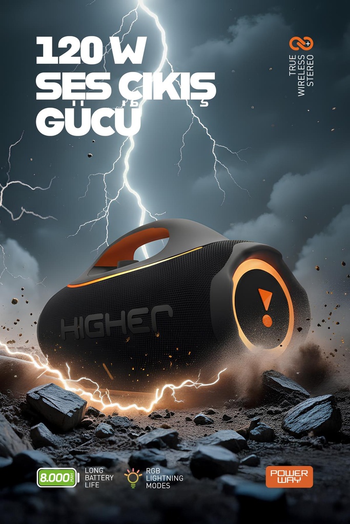 Higher 120W 4x Güç Usb Hafıza Kartı Aux Fm Led Işıklı Bluetooth Hoparlör 8000 mAh Ses Bombası - Görsel 5