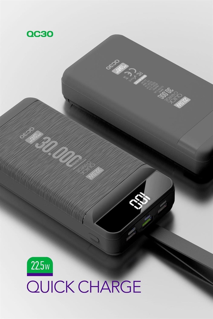 Powerway QC30 30.000 MAH PD 22.5W Hızlı Şarj LED Işıklı Powerbank - SİYAH Görsel 3