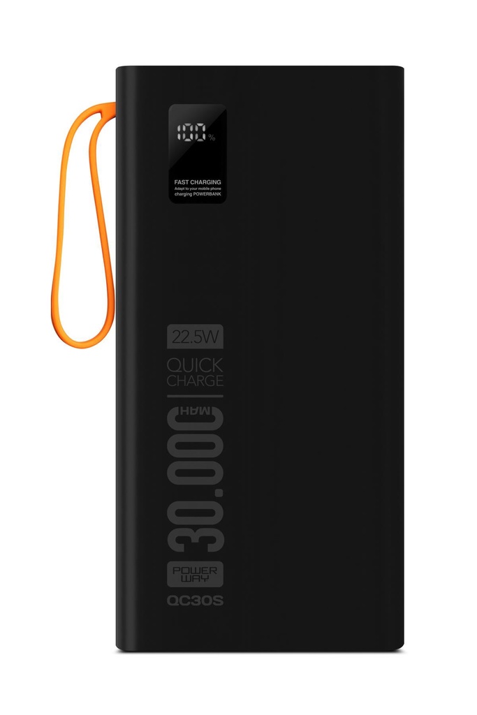 Powerway QC30S 30.000 MAH PD 22.5W Dahili Kablolu Hızlı Şarj LED Işıklı Powerbank - SİYAH Görsel 4