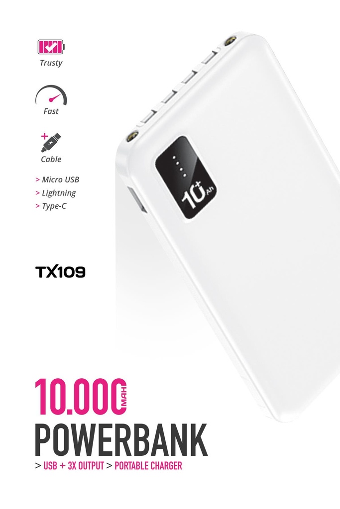 Powerway TX109 10.000 MAH Dijital Göstergeli Ekstra Kablolu Dahili Stand Powerbank - BEYAZ Görsel 4