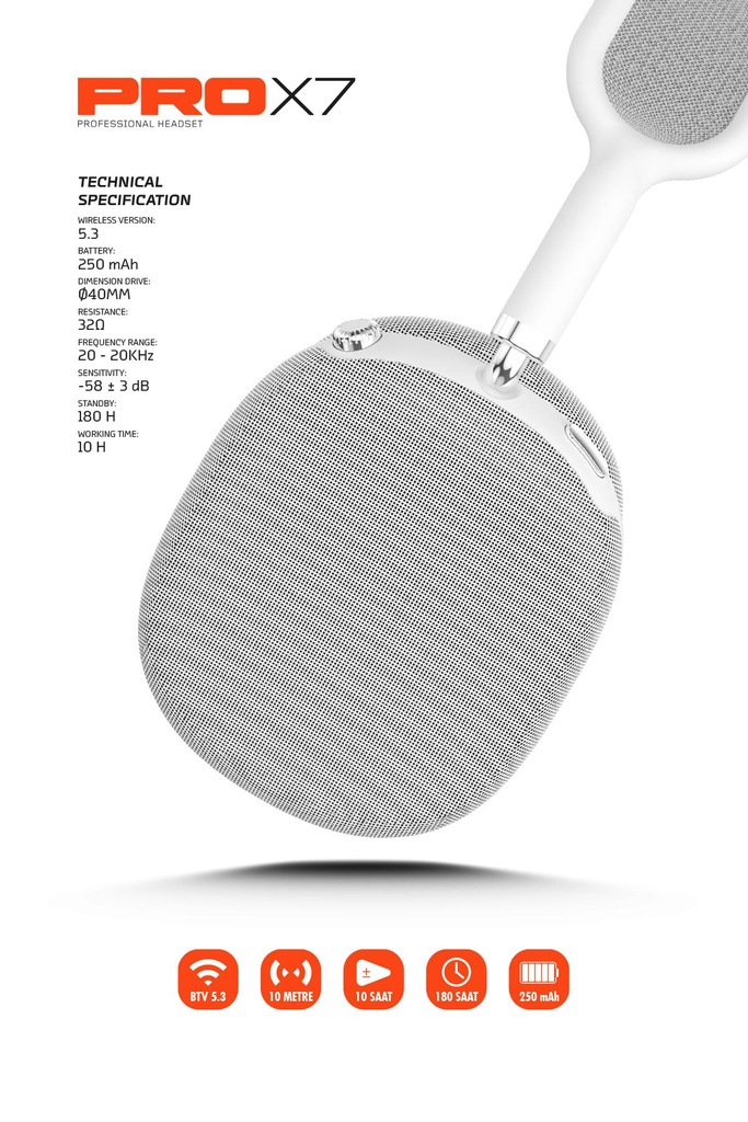 Prox7 Kulak Üstü Bluetooth Kulaklık BTV 5.3 250 mAh 10 Saat Çalışma 180 Saat Bekleme Süresi - BEYAZ Görsel 3