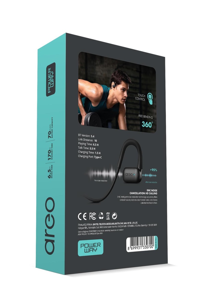 Powerway Areo Boyun Bantlı HD Ses Dokunmatik Profesyonel Bluetooth Kulaklık 6 Saat Şarj Süresi - Görsel 6