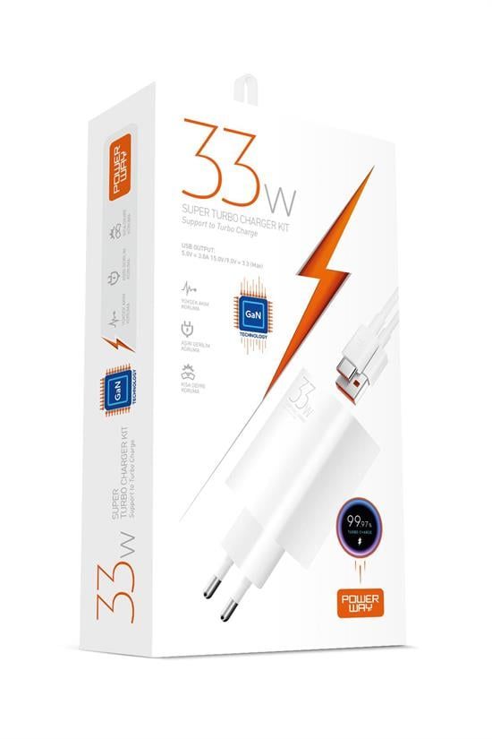 [M33S] Powerway M33S Set Süper Turbo 33W Hızlı Şarj Adaptörü Gan Teknoloji Usb Şarj Başlığı Ekstra Kablolu