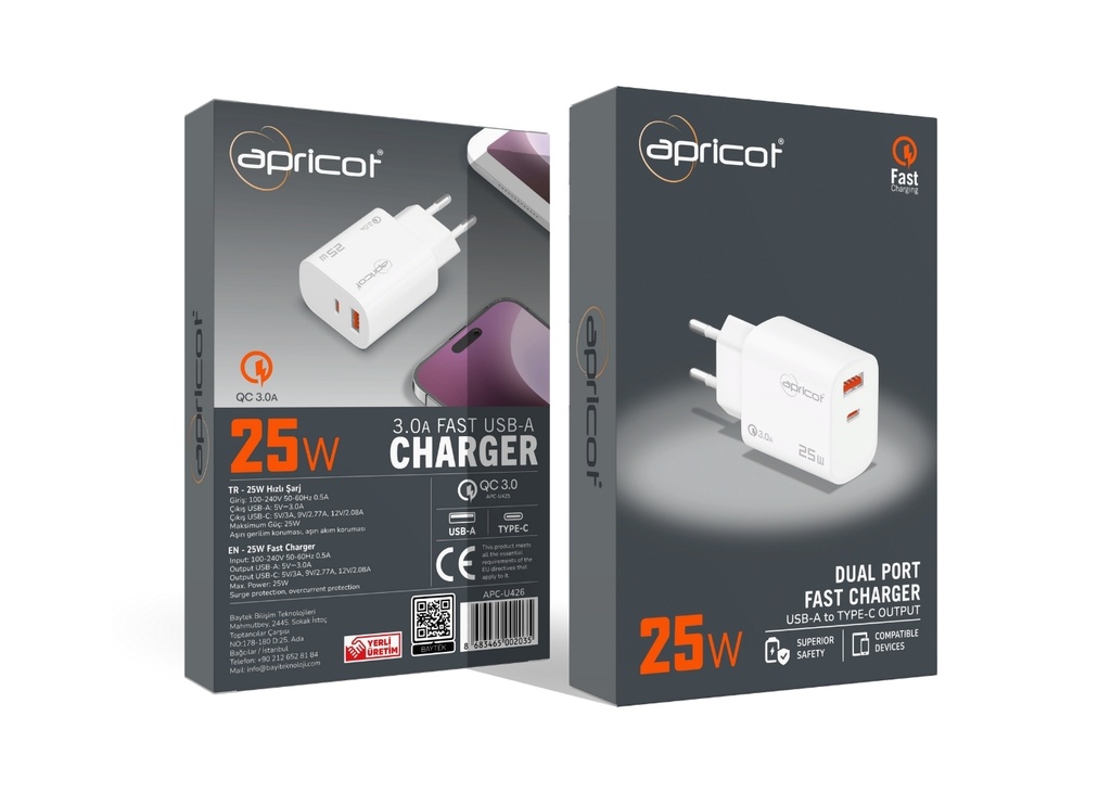 [40407] Apricot APC-U426 PD+USB Çıkışlı 25W Hızlı Ev Şarj Adaptörü