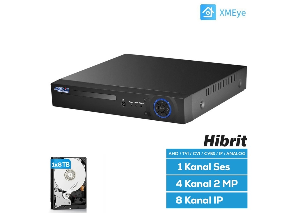[41194] Avenir H.265 4 KANAL 1x8TB 1080N XMEYE HİBRİT (5in1) KAYIT CİHAZI 4 KANAL 2MP 8 KANAL IP TEK SES