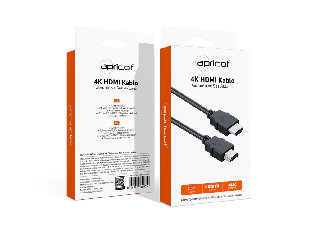 [40189] Apricot AP-HDP1.5 HDMI to HDMI 1.5 Metre 4K Kutulu HDMI Kablo