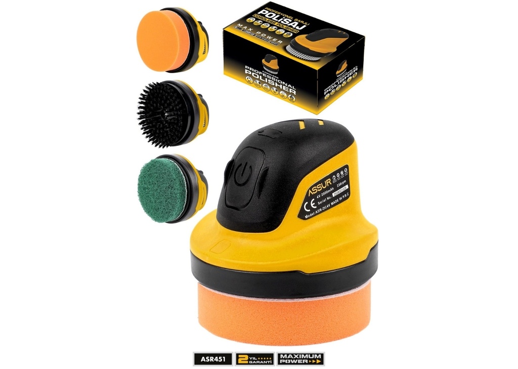 [41665] Assur ASR451 2000 Mah. 10 cm Parlatma Yüzeyi, Sünger - Fırça - Zımpara Seti Sarı Mini Şarjlı Polisaj Makinesi