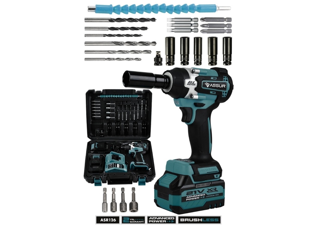 [41662] Assur ASR126 450 NM TORKLU 21V ÇİFT AKÜLÜ 10 PİLLİ KÖMÜRSÜZ 1/2 MAVİ SOMUN SIKMA SÖKME MAKİNESİ