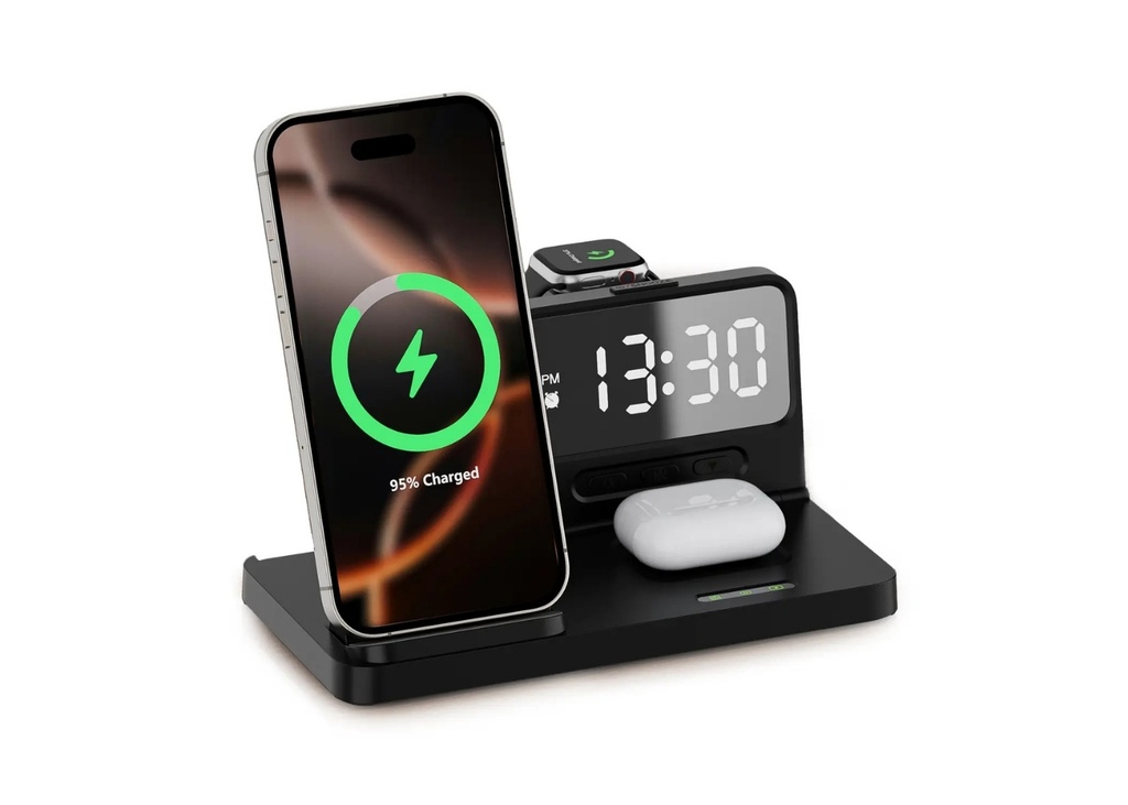 [41637] Bix BXMW4 Alarmlı Saatli 15W 3in1 Kablosuz Şarj Standı (iPhone/AirPods Uyumlu) - Siyah