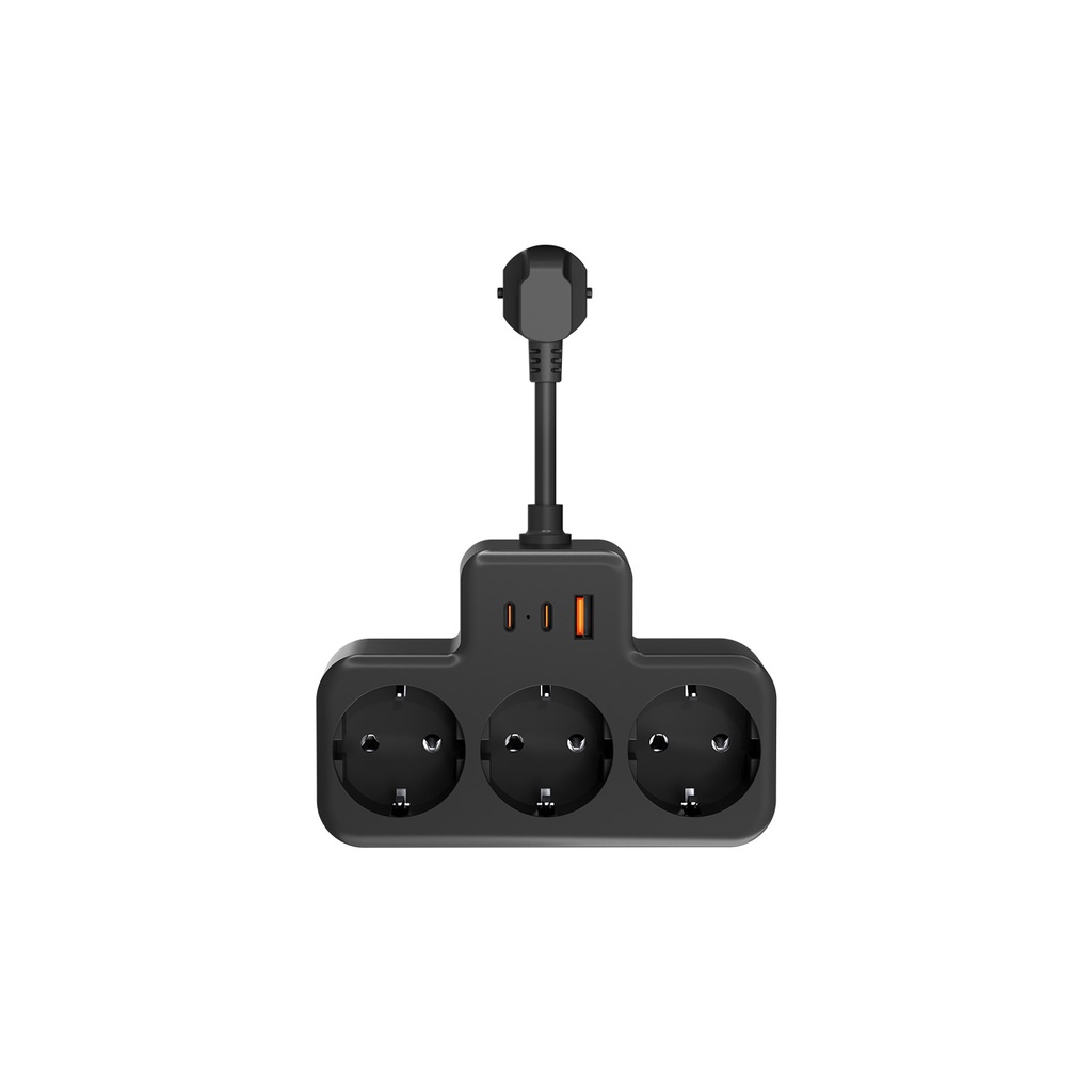 [41717] S-link PRZ07 Siyah 3 Soketli 15mm 1 Usb 2 Type-C PD20W 1050 Joule Tam Bakır Kablolu Akım Korumalı Priz