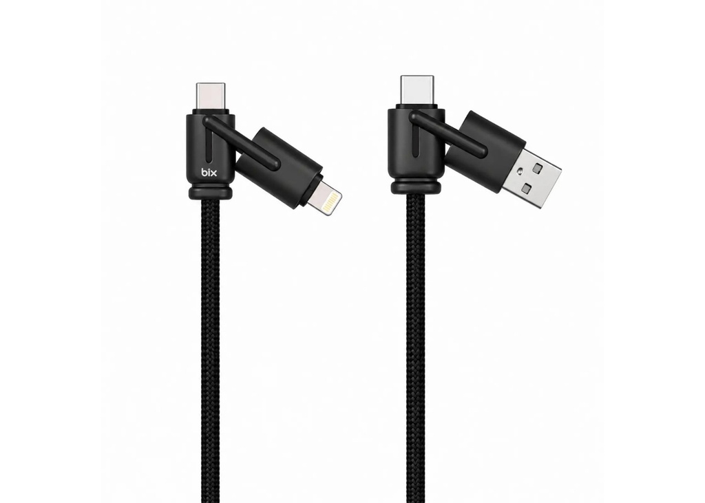 [41620] Bix BX4IN1C 65W USB-A, USB-C, Lightning Çok Fonksiyonlu Örgülü Şarj ve Data Kablosu 1.2 Metre Siyah