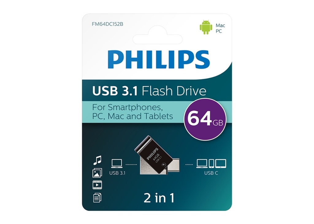 [40309] Philips 2si 1 Arada USB 3.1 - USB-C 64GB Gece Siyah