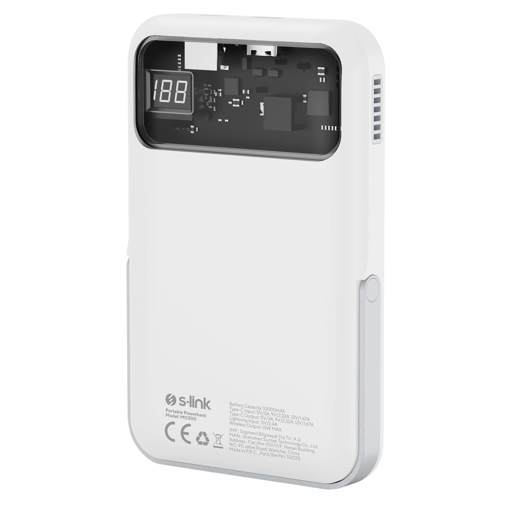 [41754] S-link MG300 10000mAh PD20W Magsafe 15W Kablosuz Type-C Beyaz Taşınabilir Metal Şarj Cihazı Powerbank