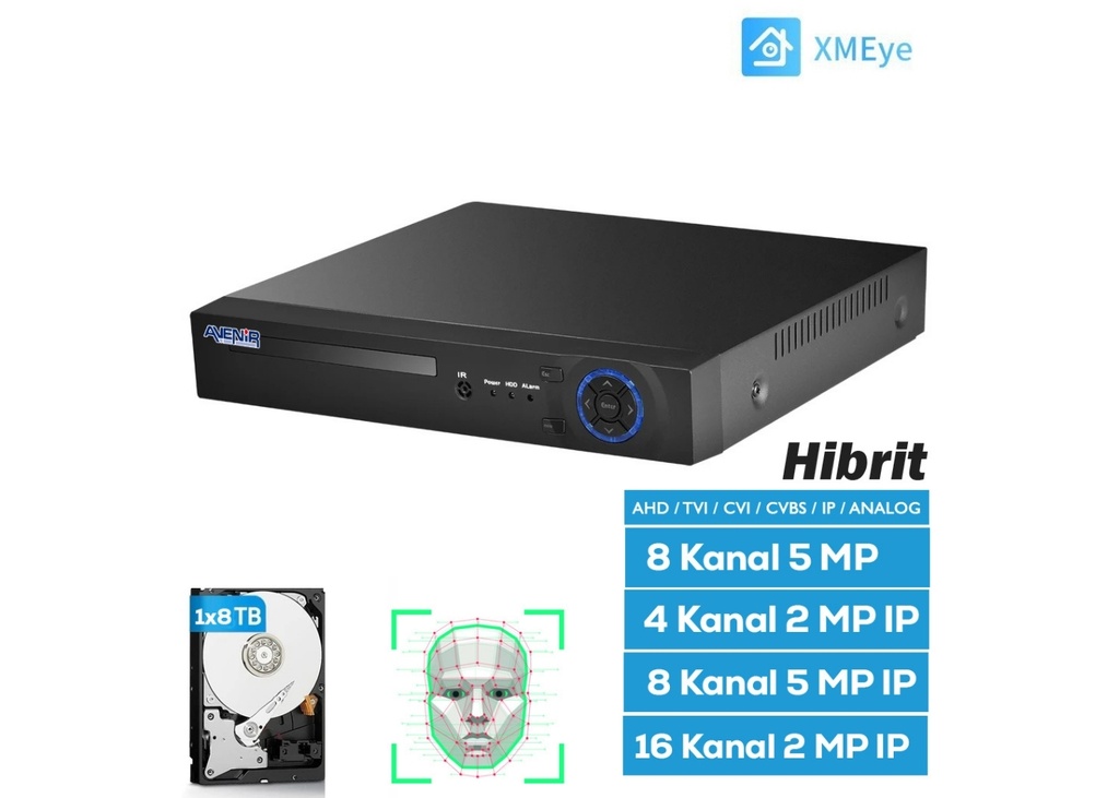 [41195] Avenir H.265 8 KANAL 1x6TB 5MP HİBRİT (5in1) KAYIT CİHAZI
