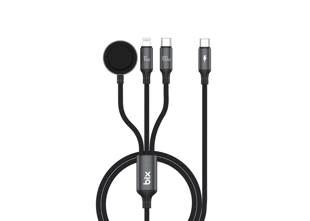 [41614] Bix BXA3W1 100W Type-C, Lightning ve Apple Watch için 3’ü 1 Arada Çoklu Şarj ve Data Kablosu Koyu Gri 1.2 Metre