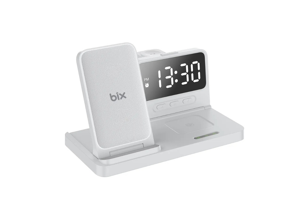 [41641] Bix BXMW4 Alarmlı Saatli 15W 3in1 Kablosuz Şarj Standı (iPhone/AirPods Uyumlu) - Beyaz