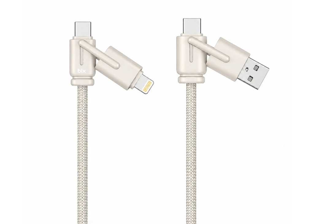 [41619] Bix BX4IN1C 65W USB-A, USB-C, Lightning Çok Fonksiyonlu Örgülü Şarj ve Data Kablosu 1.2 Metre Gri