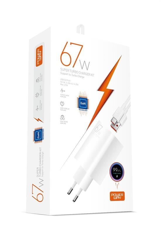 [M67S] Powerway M67S Set Süper Turbo 67W Hızlı Şarj Adaptörü Gan Teknoloji USB Şarj Başlığı Ekstra Kablolu