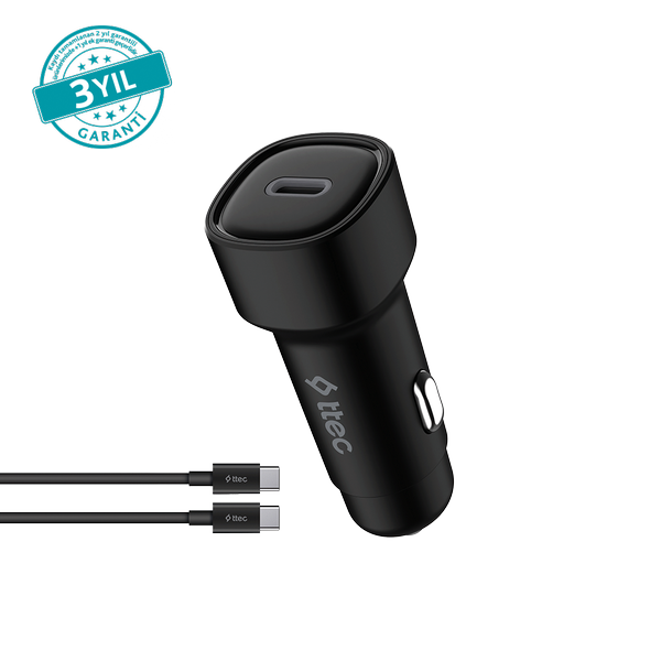 [2CKP01CS] ttec 2CKP01CS SmartCharger PD 30W Araç Hızlı Şarj Aleti USB-C - USB-C 3A Kablo Siyah