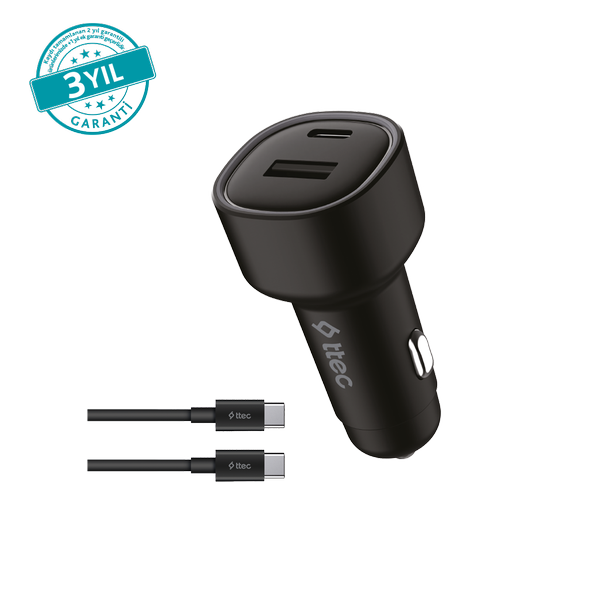 [2CKP02CS] ttec 2CKP02CS SmartCharger Duo PD 48W Araç Hızlı Şarj Aleti USB-C+USB-A - USB-C-USB-C 3A Kablo Siyah