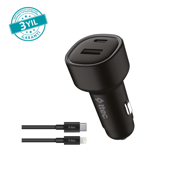 [2CKP02LS] ttec 2CKP02LS SmartCharger Duo PD 48W Araç Hızlı Şarj Aleti USB-C+USB-A - USB-C-Lightning Kablo Siyah