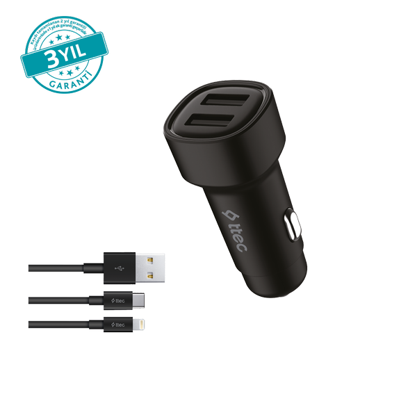 [2CKS31DS] ttec 2CKS31DS SmartCharger Duo 3.1A Araç Şarj Aleti Çift USB + USB-C ve Lightning Kablo