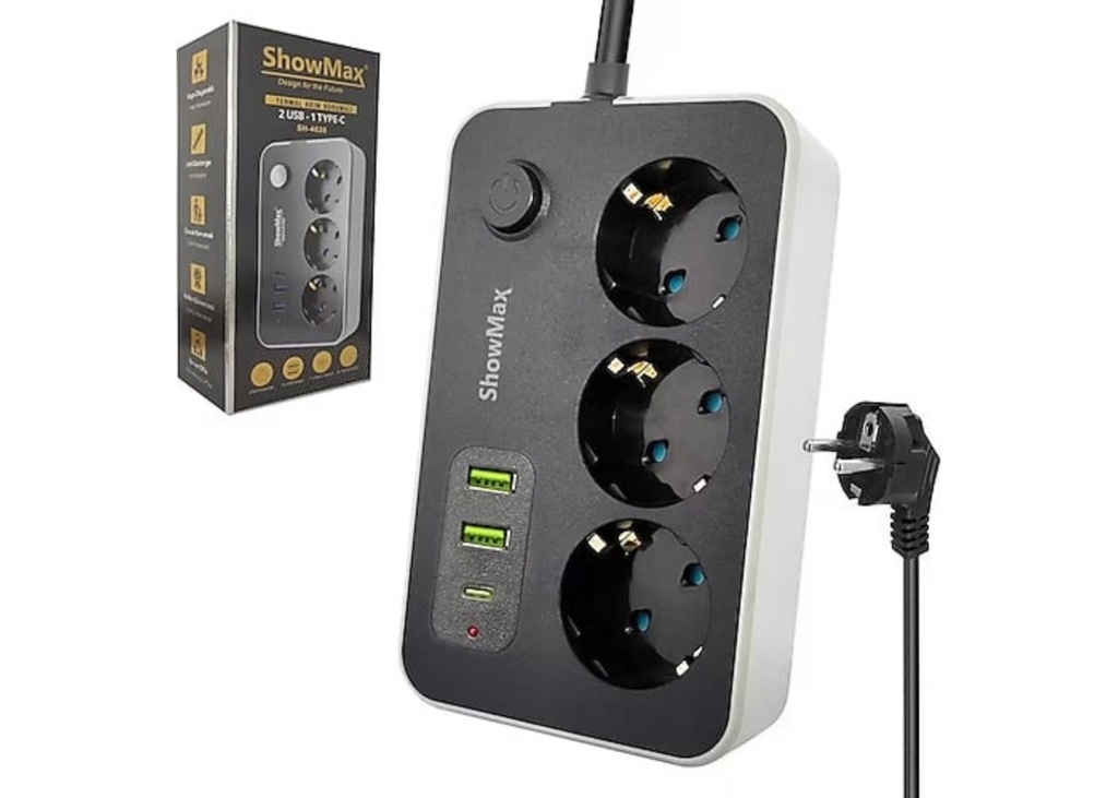 [39742] Showmax SH-4626 Termal Akım Korumalı Priz (3 Priz + 2 Usb + 1 Type-c)