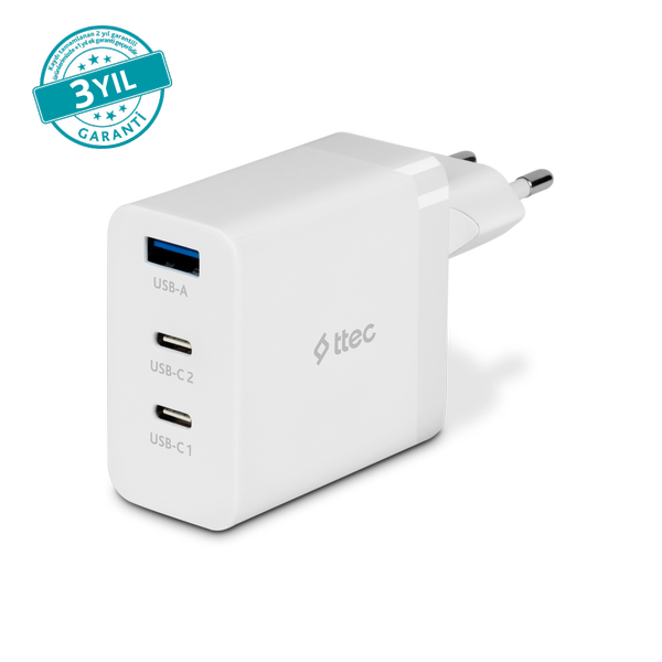 [2SCG03B] ttec 2SCG03B SmartCharger Trio GAN 65W PD Seyahat Hızlı Şarj Aleti 2 USB-C+USB-A Beyaz