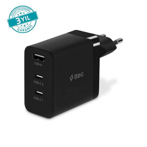 [2SCG03S] ttec 2SCG03S SmartCharger Trio GAN 65W PD Seyahat Hızlı Şarj Aleti 2 USB-C+USB-A Siyah