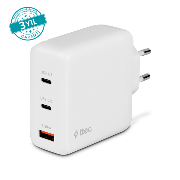 [2SCG04B] ttec 2SCG04B SmartCharger Trio GAN 120W PD Seyahat Hızlı Şarj Aleti 2 USB-C+USB-A Beyaz