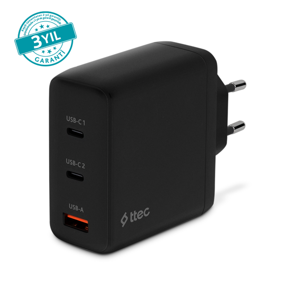 [2SCG04S] ttec 2SCG04S SmartCharger Trio GAN 120W PD Seyahat Hızlı Şarj Aleti 2 USB-C+USB-A Siyah