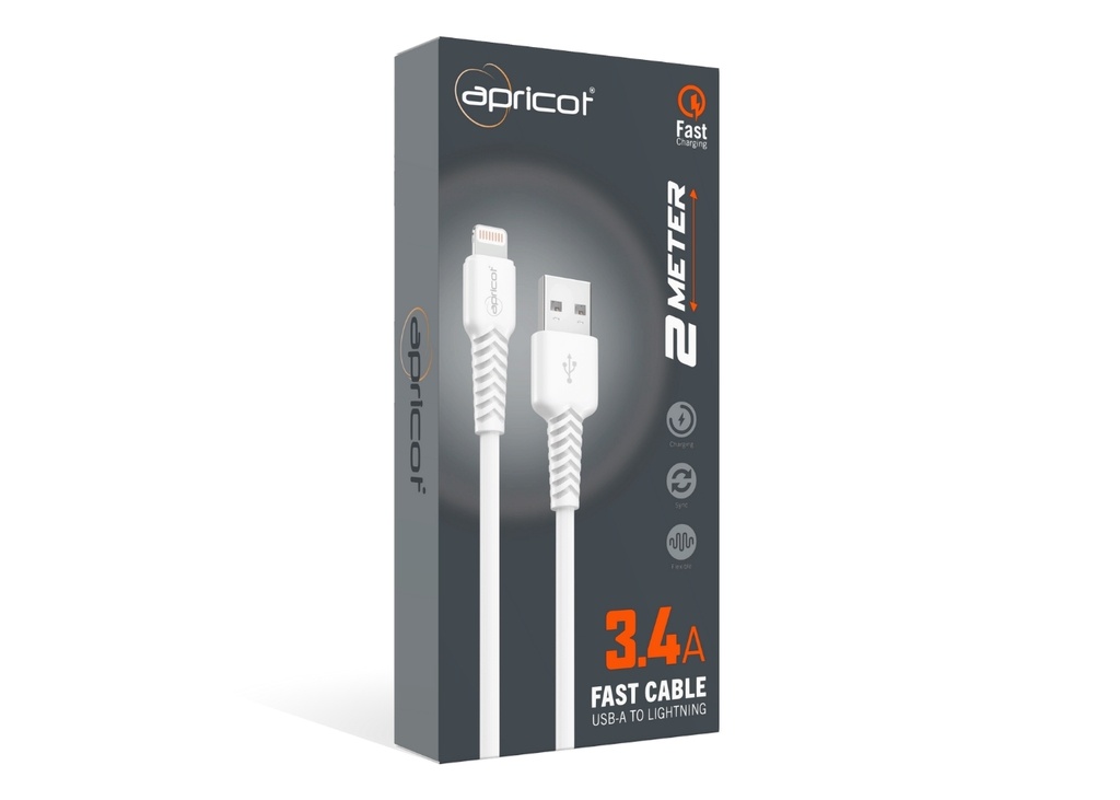 [40126] Apricot APC-S330L 2 Metre QC3.4  Lightning Beyaz Hızlı Data + Sarj Kablosu
