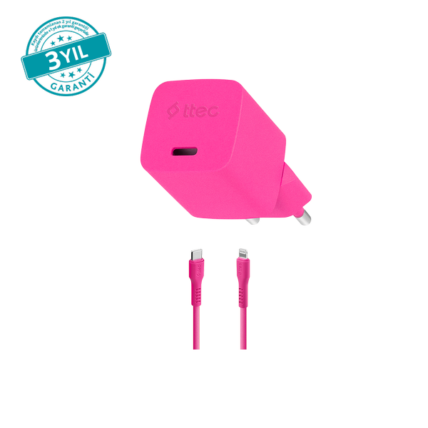 [2SCG20LNP] ttec 2SCG20LNP SmartCharger GAN 20W PD Seyahat Hızlı Şarj Aleti + USB-C - Lightning 120cm Kablo Neon Neon Pembe
