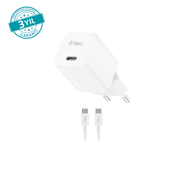 [2SCG30CB] ttec 2SCG30CB SmartCharger GAN 30W PD Seyahat Hızlı Şarj Aleti + USB-C - USB-C 3A Kablo 2SCG30CB Beyaz