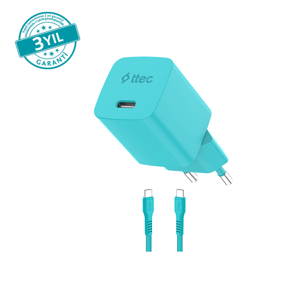 [2SCG45CNM] ttec 2SCG45CNM SmartCharger GAN 45W AVS PD Seyahat Hızlı Şarj Aleti + USB-C - USB-C 3A Kablo Neon Neon Mavi