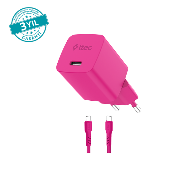 [2SCG45CNP] ttec 2SCG45CNP SmartCharger GAN 45W AVS PD Seyahat Hızlı Şarj Aleti + USB-C - USB-C 3A Kablo Neon Neon Pembe