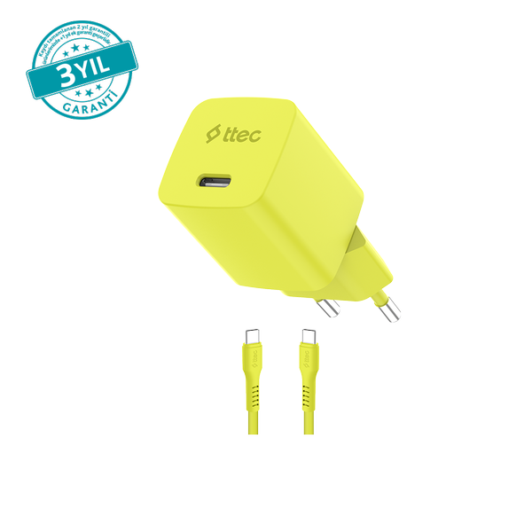 [2SCG45CNS] ttec 2SCG45CNS SmartCharger GAN 45W AVS PD Seyahat Hızlı Şarj Aleti + USB-C - USB-C 3A Kablo Neon Neon Sarı