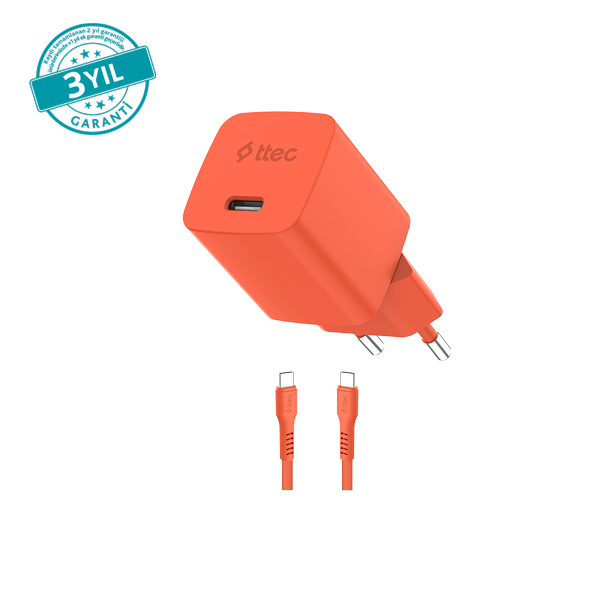 [2SCG45CNT] ttec 2SCG45CNT SmartCharger GAN 45W AVS PD Seyahat Hızlı Şarj Aleti + USB-C - USB-C 3A Kablo Neon Neon Turuncu