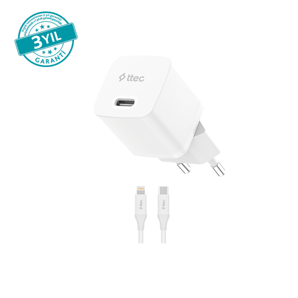 [2SCP01LB] ttec 2SCP01LB SmartCharger GAN 20W PD Seyahat Hızlı Şarj Aleti + USB-C - Lightning 150cm Kablo. Beyaz