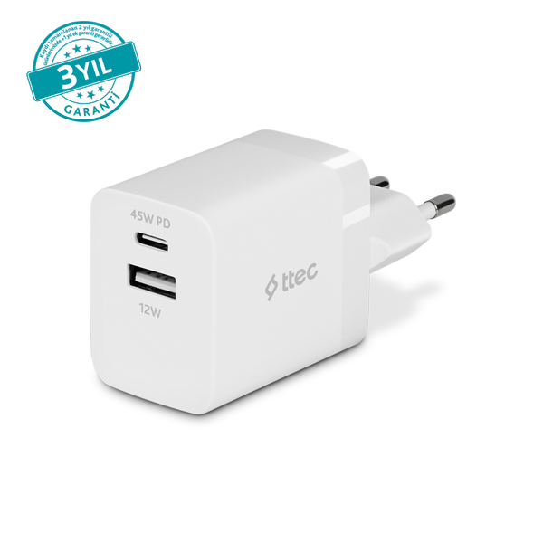 [2SCP02B] ttec 2SCP02B SmartCharger Duo PD 45W Seyahat Hızlı Şarj Aleti USB-C+USB-A Beyaz