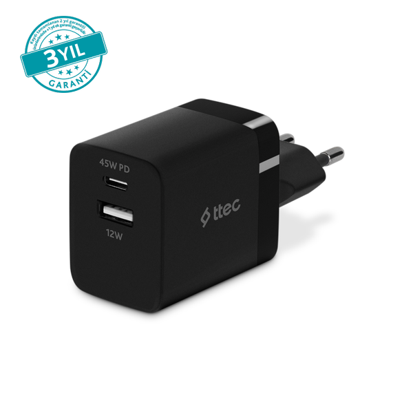 [2SCP02S] ttec 2SCP02S SmartCharger Duo PD 45W Seyahat Hızlı Şarj Aleti USB-C+USB-A Siyah