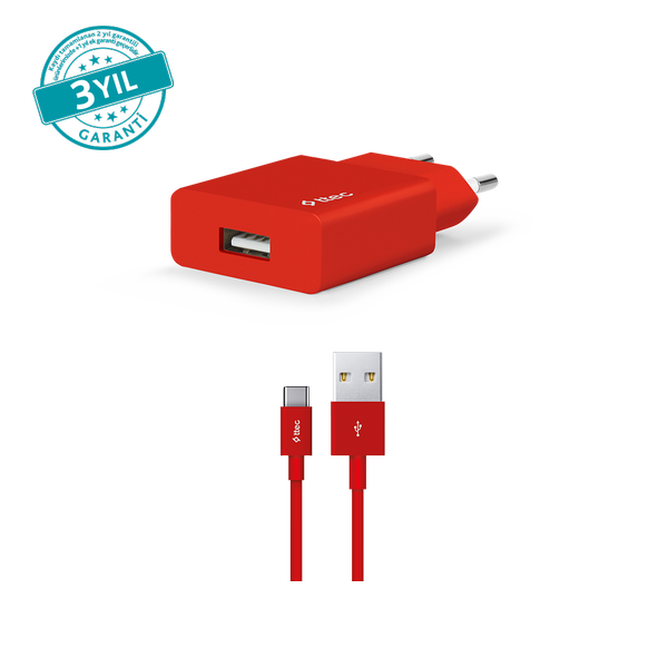 [2SCS20CK] ttec 2SCS20CK SmartCharger 2.1A Seyahat Şarj Aleti + USB-A - USB-C Kablo Kırmızı