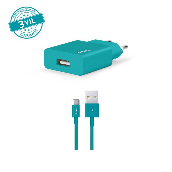 [2SCS20CTZ] ttec 2SCS20CTZ SmartCharger 2.1A Seyahat Şarj Aleti + USB-A - USB-C Kablo Turkuaz
