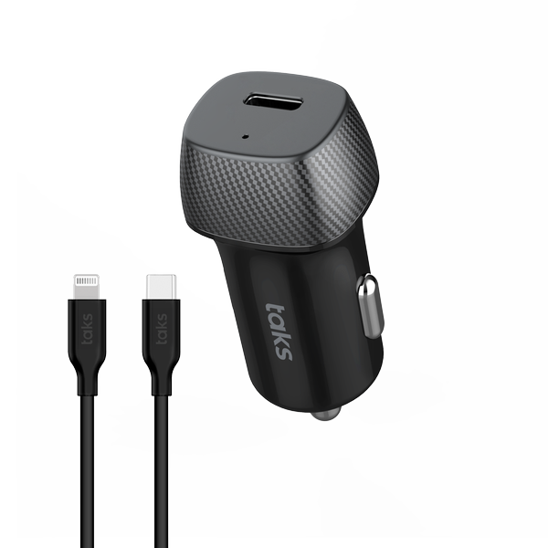 taks 5CP01LS CP01 30W PD USB-C Araç Hızlı Şarj Aleti + USB-C-Lightning Kablo, Siyah