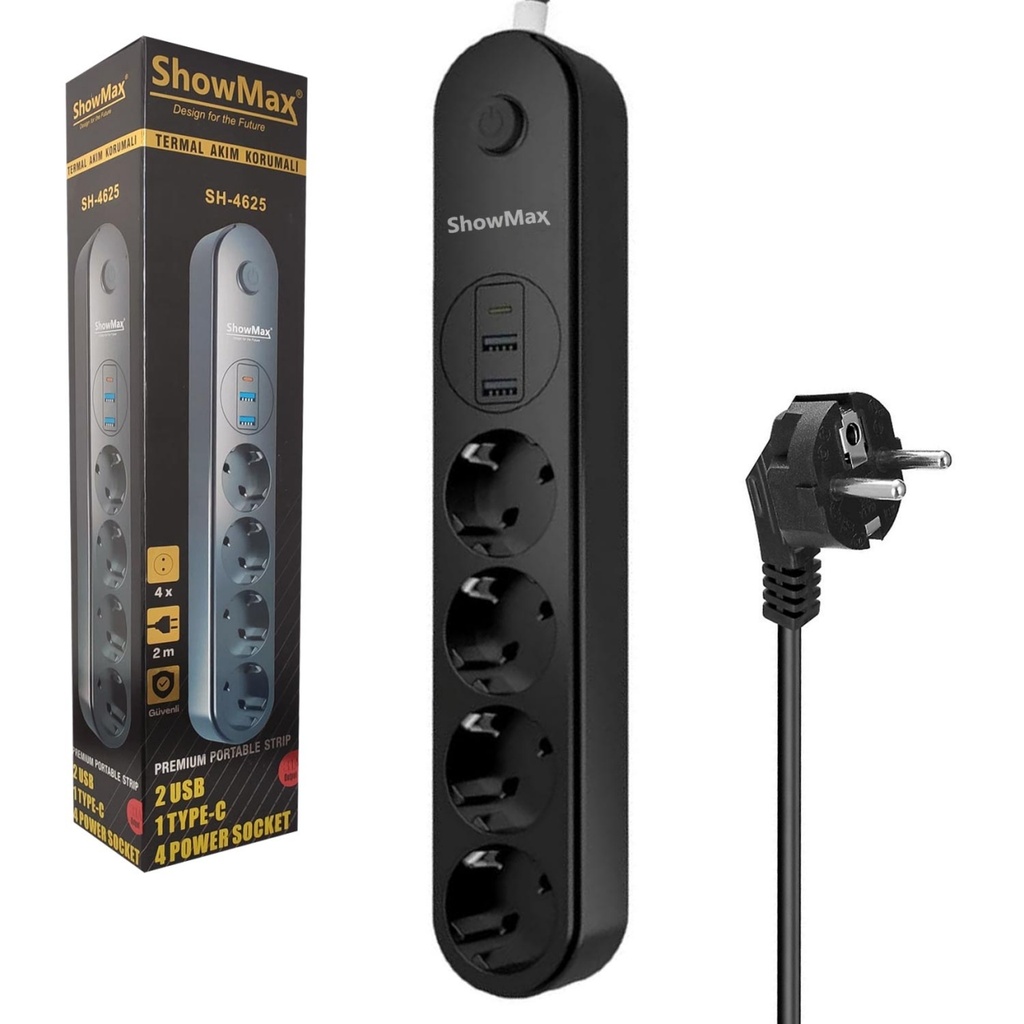 [39497] Showmax SH-4625 4lü 2M 10A 2500W 2xUSB 1xType-C Akım Korumalı Priz