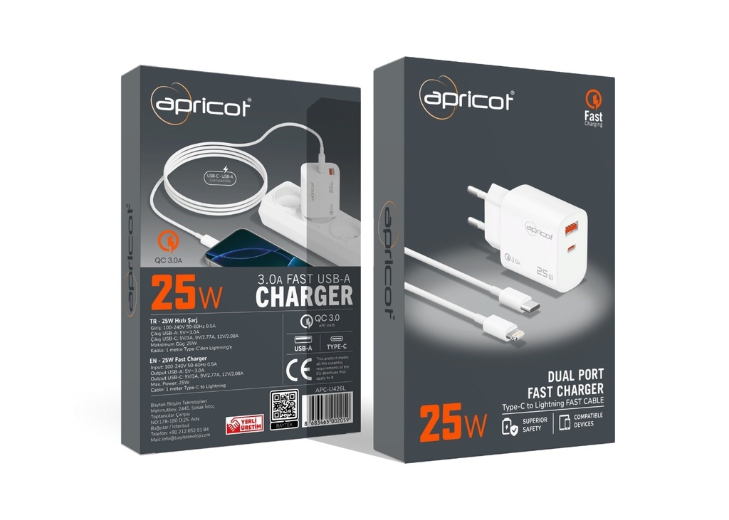 [40409] Apricot APC-U426L 25Watt USB + PD Çıkışlı Lightning Kablolu Beyaz Hızlı Şarj Seti